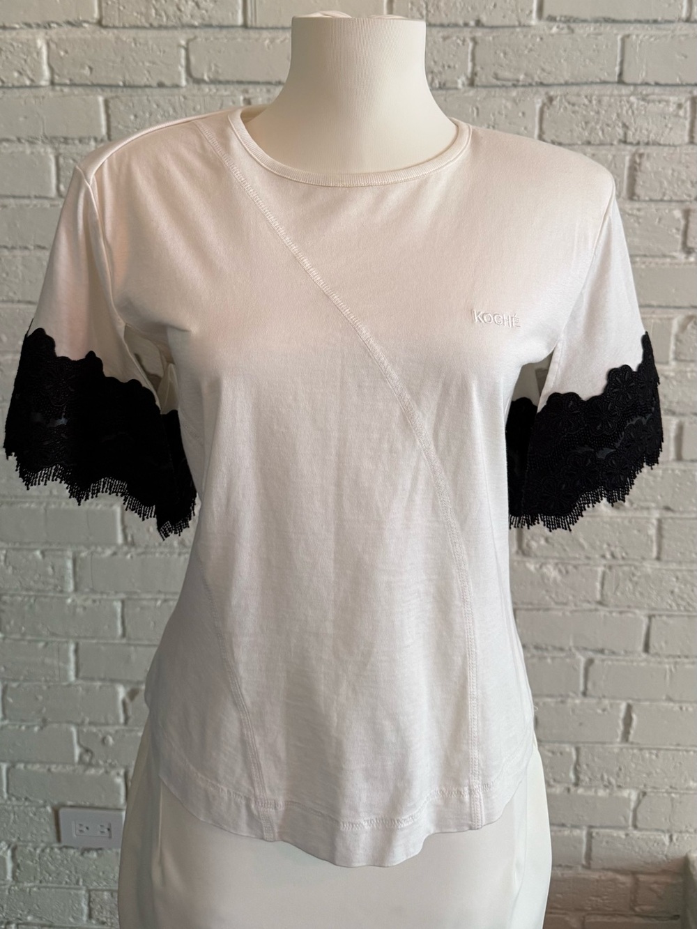 Koche White Short-Sleeve Tee with Black Lace Sleeves